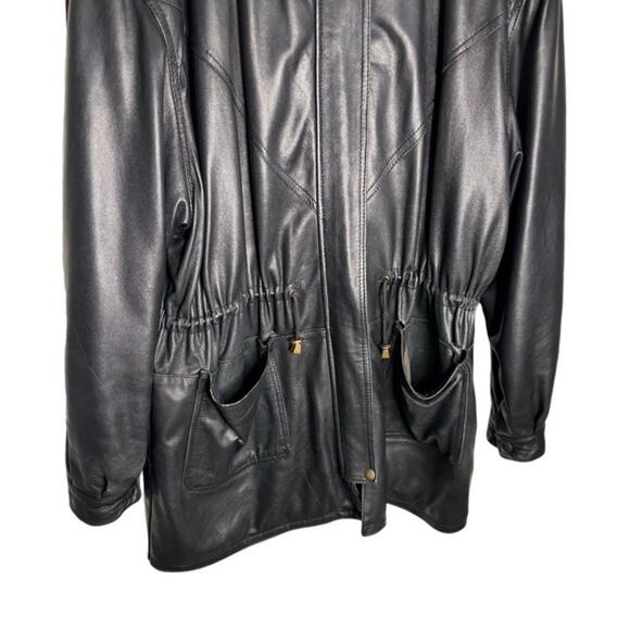 Vintage Echtes Leder Leather Jacket Black Knee Length Cinched Waist Size XL - Picture 4 of 13